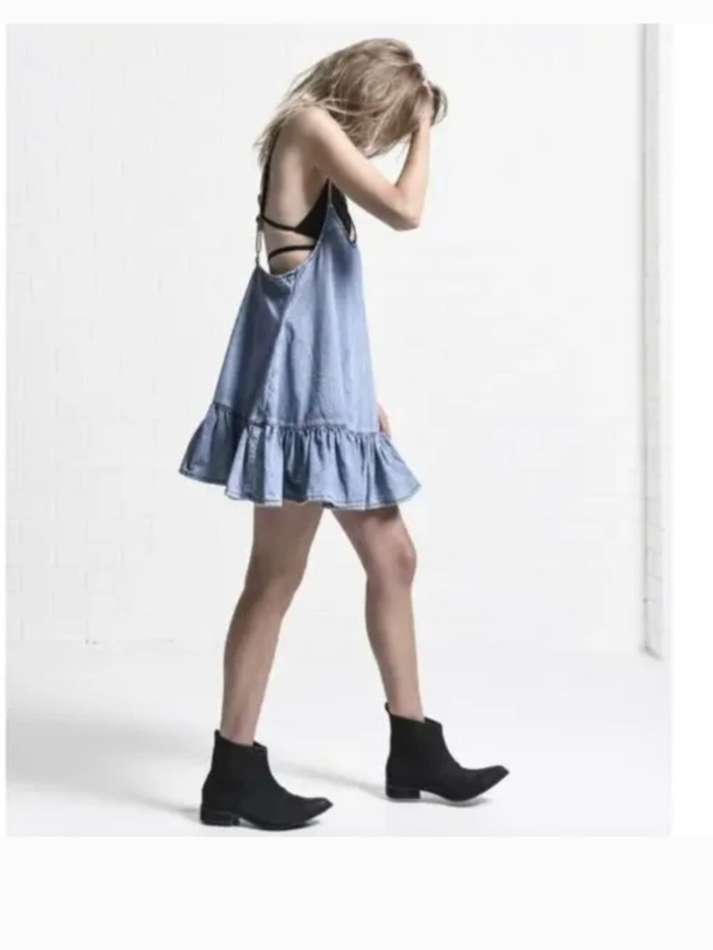 One Teaspoon Pinkie Denim mini Dress ruffle hem Size S Boho grunge Indie Sleeze